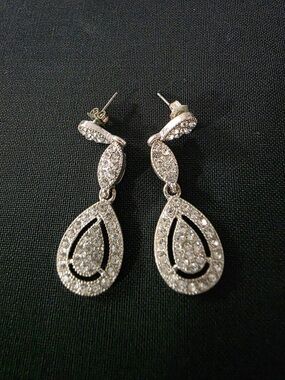 Crystal Teardrop Dangle Earrings - Silver Tone